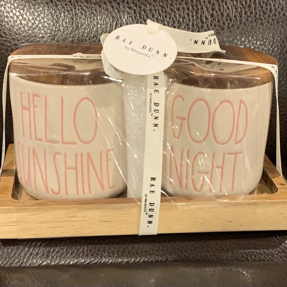 Rae Dunn Hello Sunshine Good Night Canisters with Wooden Tray